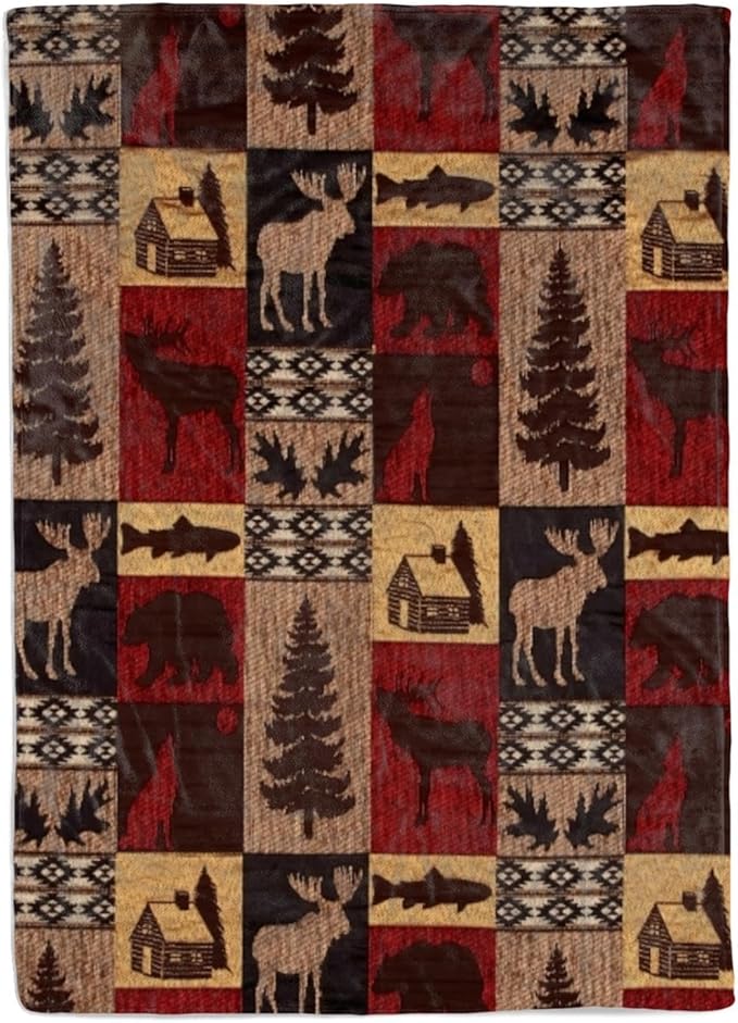 Bear Rustic Cabin Moose Blanket Soft Flannel Farmhouse Throw Blanket Gifts for Adults Cozy Blanket for Red Black Check Farmhouse Art All Season Couch Bed Sofa Home Decor, 60"x80"