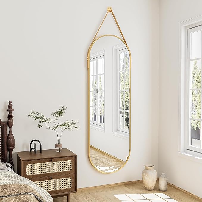 TinyTimes 48"x16" Hanging Mirror with Leather Strap,Oval Full Length Mirror with Aluminum Frame Wall-Mounted Hanging Mirrors for Bathroom Vanity Living Room Bedroom Entryway Decor, Gold
