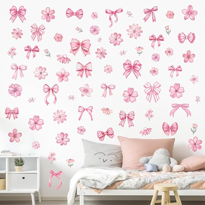 decalmile Pink Flower Bow Wall Stickers Watercolor Bow Knot Wall Decals Baby Nursery Bedroom Girls Room Wall Decor Gifts for Her