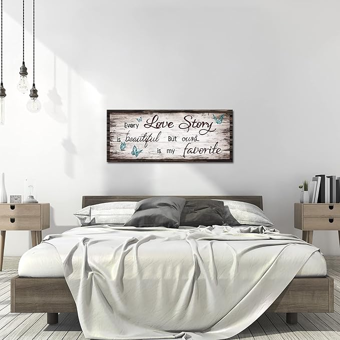 Kalormore Retro Love Story Canvas Wall Art for Bedroom Butterfly Sweet Quote Rustic Brown Wooden Textured Picture Prints Artwork for Living Room Bedroom Ready to Hang