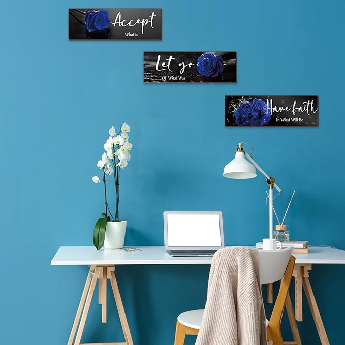 ZINYAZHE 3 Pcs Blue Wall Decor Inspirational Blue Rose Bathroom Wooden Wall Art Office Decor With Accept Let Go Have Faith Quotes For Girl Women Bathroom Bedroom(16 X 5Inch)