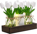 BLEUM CADE Centerpiece Table Decorations - Mason Jar Lights Centerpiece for Kitchen Dining Table Farmhouse Coffee Table Wedding Home Decor with 3 Jars Tulips Artificial Flowers & Wood Tray