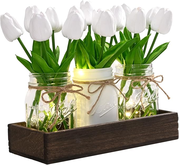 BLEUM CADE Centerpiece Table Decorations - Mason Jar Lights Centerpiece for Kitchen Dining Table Farmhouse Coffee Table Wedding Home Decor with 3 Jars Tulips Artificial Flowers & Wood Tray