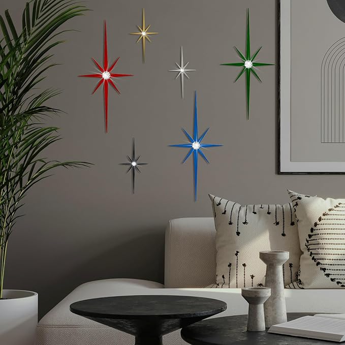 sxnzequnze 4 Pack Metal Star Wall Art 8 Pointed Starburst Wall Decor Set with 2 Large & 2 Small Pieces Mid Century Celestial Metal Wall Sculpture for Bedroom Living Room Office Gallery Wall