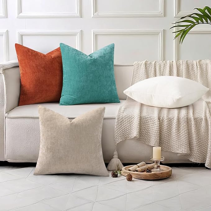 decorUhome Chenille Turquoise Summer Throw Pillow Covers 16x16 Inch Set of 2, Decorative Soft Couch Pillow Covers Solid Dyed Accent Farmhouse Neutral Square Pillow Cases for Sofa