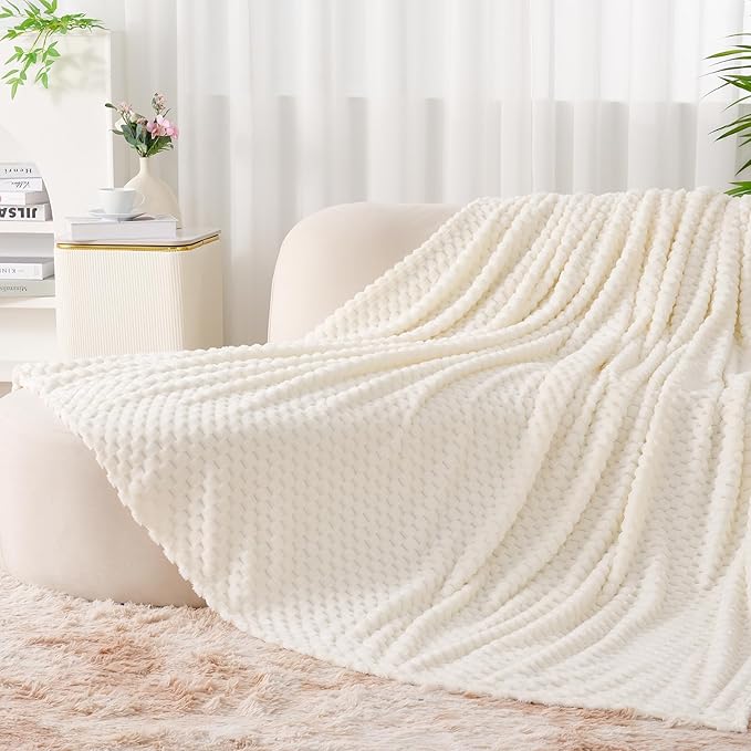 Zyrah White Fleece Twin for Couch Super Soft Twin Blanket 3D Imitation Turtle Shell Jacquard Decorative Cozy Blankets for Sofa Chair Bed 60x80 Inches