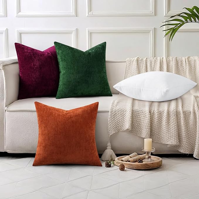 decorUhome Chenille Moss Green Throw Pillow Covers 16x16 Inch Set of 2, Decorative Soft Couch Pillow Covers Solid Dyed Accent Farmhouse Neutral Square Pillow Cases for Sofa