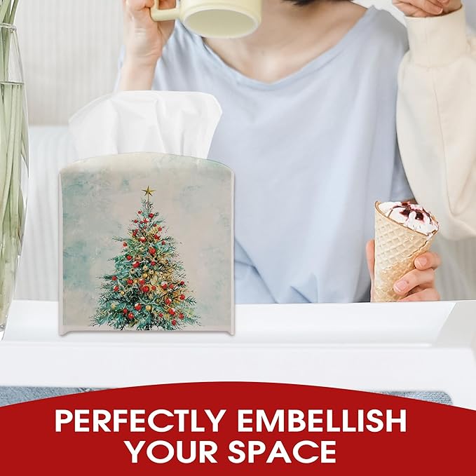 Christmas Trees Tissue Box Cover Leather, Christmas Tissue Box Cover Square, Facial Paper Organizer for Table Top Nightstands Desk Bathroom Kitchen Car Office Home Decor(5.2 Inches)-B01