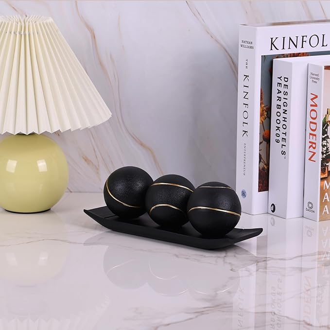LCCCK Decorative Tray with Balls Set, Black Gold Decor Orbs TV Stand, Coffee Table Centerpiece, Elegant Orbs Decorative Balls for Dining Kitchen Console Fireplace Decor Centro De Mesa De Comedor