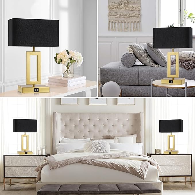 Black Table Lamps Set of 2 with Dual USB Ports,3-Way Dimmable Touch Control Bedside Lamps,Modern Bedroom Table Lamp for Living Room,Nightstand LED Bulbs Included