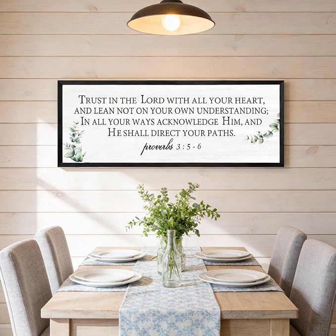 Trust in the Lord with All Your Heart Wall Art: 40"x15" Framed Bible Verse Wooden Sign, Proverbs 3:5–6 Christian Wall Decor, Large Rustic Scripture Home Decor, Black