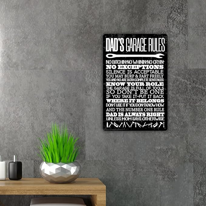QIONGQI Funny Dad's Garage Rules Metal Tin Sign Wall decor Garage Quote Sign for Home Garage Men Cave Decor Gifts for Dad Father(Wooden Style)