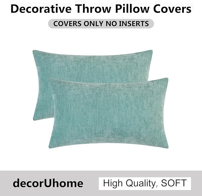 decorUhome Chenille Aqua Haze Throw Pillow Covers 12x20 Inch Set of 2, Decorative Soft Couch Pillow Covers Solid Dyed Accent Farmhouse Neutral Rectangle Pillow Cases for Sofa