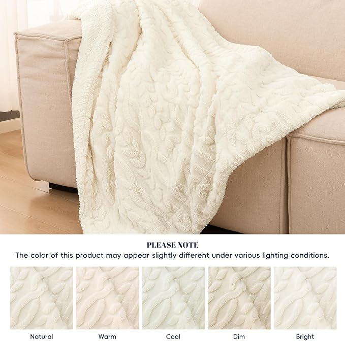 PHF Fluffy Sherpa Blanket Queen Size for Winter, Warm and Soft, 510GSM 3D Jacquard Thick Shaggy Fleece Plush Blanket for Sofa Bed, Cream, 90"x90"