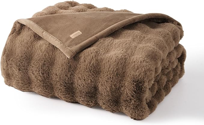 EverGrace Ultra Soft Luxury Fluffy Faux Rabbit Fur Throw Blanket, Thick Warm Bubble Throw for Bed, Cozy Plush Reversible Blankets for Couch, Chair, Sofa, Natural Tan, 50x60 Inches