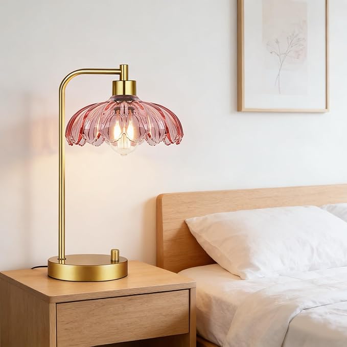 Pink Table Lamp Set of 2,Small Gold Bedside Lamps Dimmable Boho Bedroom Lamp with Tulip Flower Glass Lamp Shade,Vintage Mid Century Modern Mini Nightstand Lamp for Bedroom Living Room