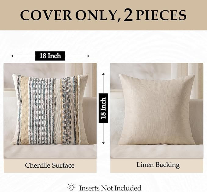 ANRODUO Pack of 2 Boho Decorative Throw Pillow Covers 24x24 Farmhouse Cushion Case Striped Chenille Pillow Cases Square Pillow Covers Accent Neutral Pillowcase for Sofa Couch Bed, Gray Blue Stripe