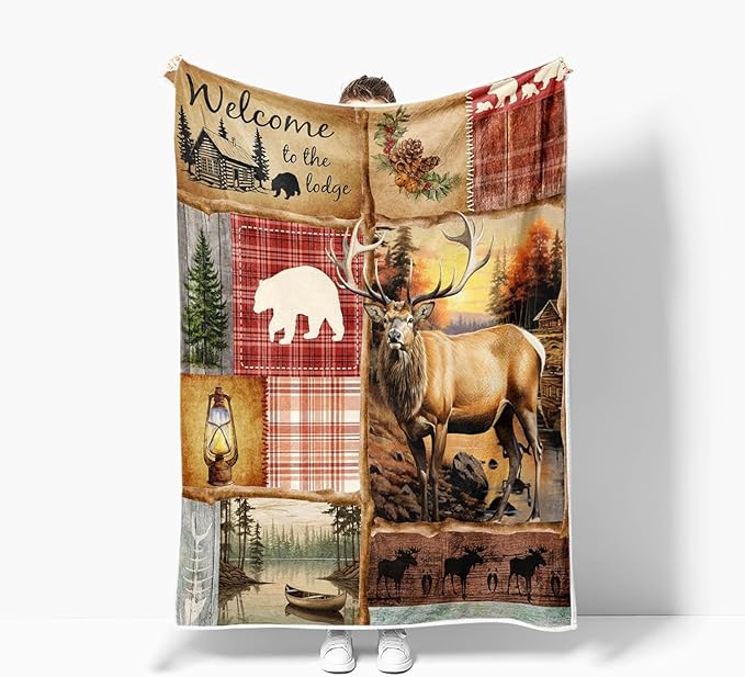 JAWO Rustic Cabin Throw Blankets, Farmhouse Country Antique Deer Moose Forest Vintage Cozy Warm Bed Couch Blanket，Hunting Camping Theme Fleece Flannel Throws to Decorate The Room and Bedroom 60X80IN