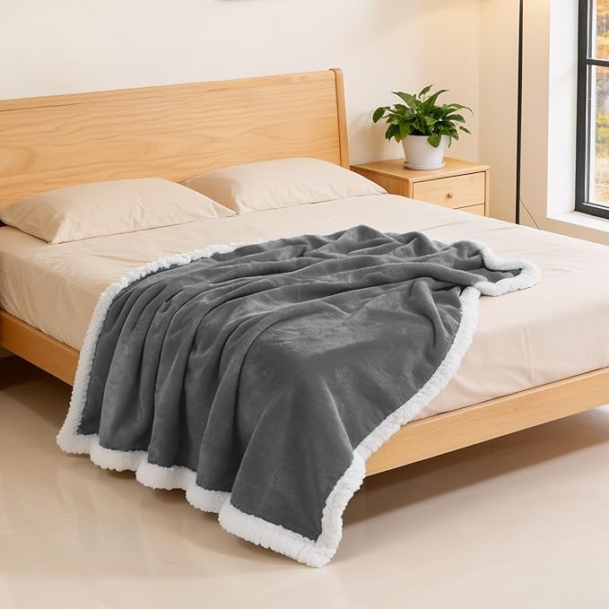 BEAUTEX Sherpa Fleece Throw Blanket Twin Size for Couch - Thick and Warm Blanket for Winter, Fluffy Flannel Plush Twin Blanket, Fuzzy Grey Cuddle Blankets for Couch Bed Sofa (60" x 80", Grey)