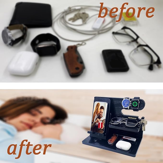 Gifts for Dad Men Mom Women from Daughter Son Birthday Gifts Nightstand Organizer Mens Wood Phone Docking Station (Black)