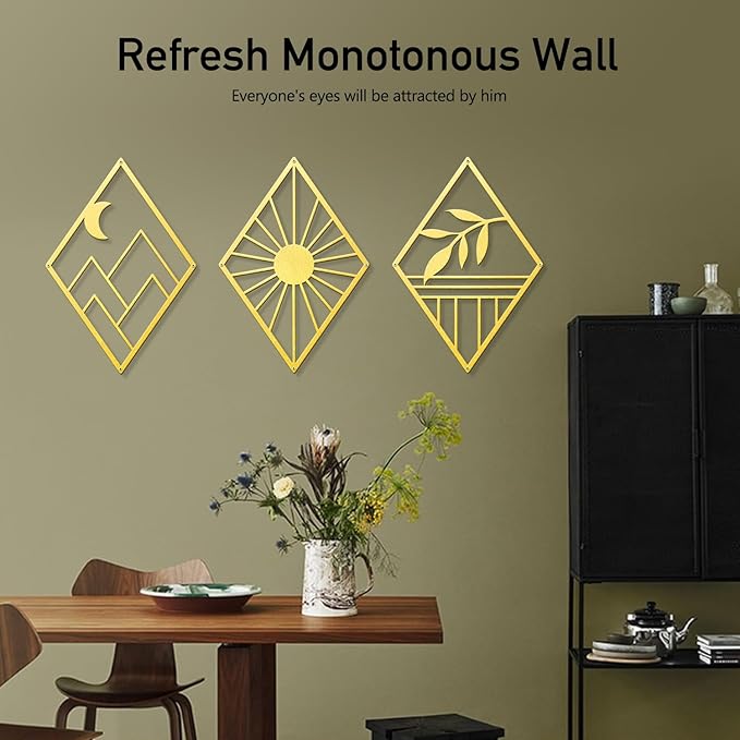 Sokurdeg Gold Metal Wall Art, Boho Minimalist Geometry Wall Art, Bohemian Abstract Line Metal Art Wall Decor for Bedroom Bathroom Living Room (3 Pack, 12 x 17 in)