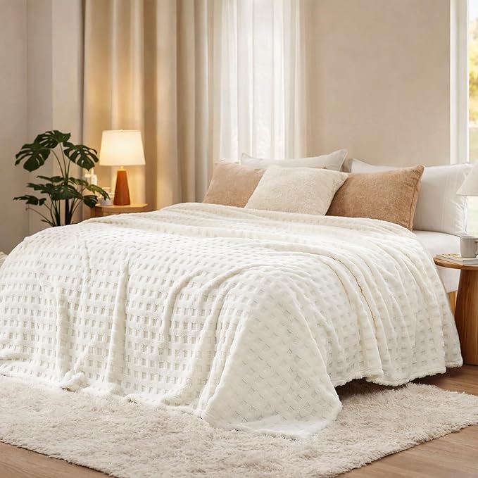 Cozy Bliss Ultrasoft Waffle Throw Blanket, Fluffy Cute Plush Blanket for Couch, Bed, Modern Home Accent, Portable for Picnic or Outdoor, Ivory, 108"x90"