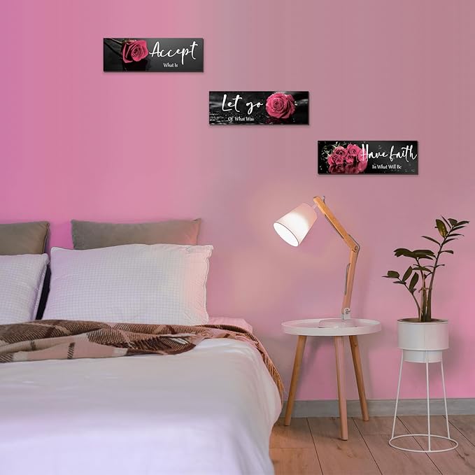3 Pcs Pink Rose Bathroom Wall Decor Inspirational Wooden Wall Art Flower with Accept Let Go Have Faith Positive Quotes for Girl Women Bathroom Bedroom Living Room Office (Pink Rose 12 X 4 Inch)