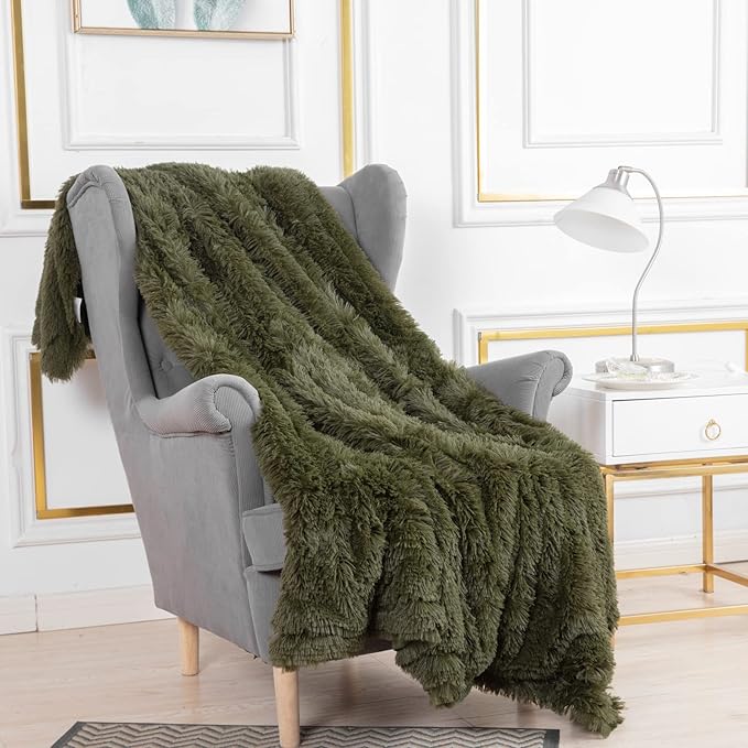 YUSOKI Long Faux Fur Twin Size Blanket,2 Layers,3.4lb for Bed Couch Home Décor Gifts Men (Olive Green,60" x 80")