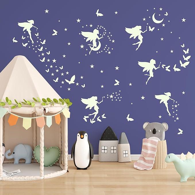 Glow in The Dark Fairy Wall Decals, Luminous Fairies Stars Wall Stickers for Ceiling, Peel and Stick Butterfly Decoration for Kids Room