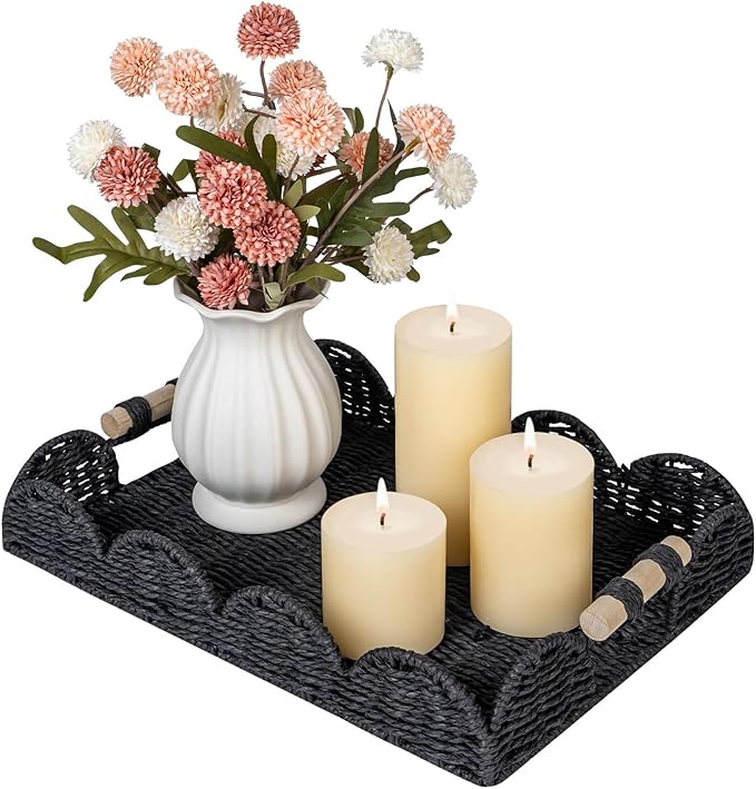 CubesLand Rectangular Scalloped Decorative Centerpiece Tray for Coffee Table, Home Decor, Living Room - Black Tray w/Wooden Handle – Warm and Elegant for Holidays, Housewarmings - Candle Plate Holder