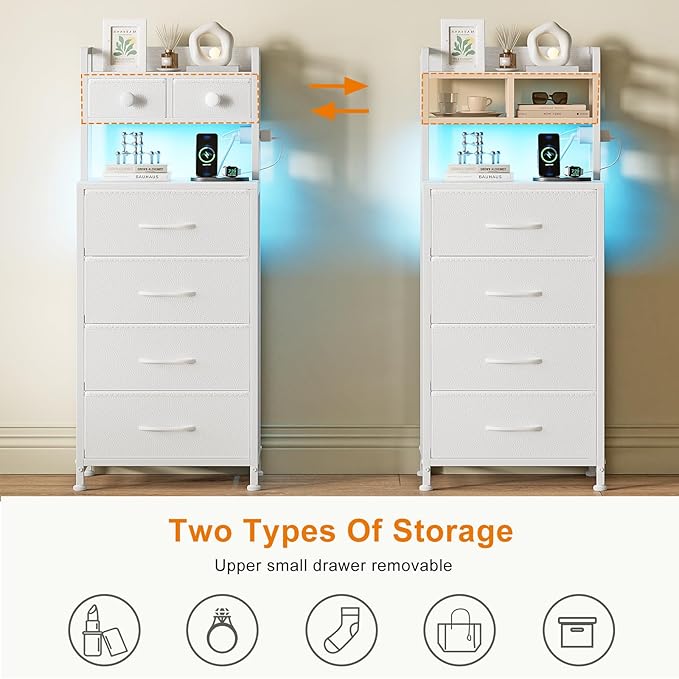 REAHOME 41 Inch Tall Nightstand with Charging Station, LED Night Stand with 6 Fabric Drawers, Bed Side Table with 3-Tier Wood Storage Shelves for Bedroom, Office, Small Spaces, White