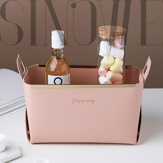 Decorative Faux Leather Basket,Small Catchall Basket for Entryway Bedside Dresser End table,Collapsible Rectangle Tray Organizer Box (Pink)
