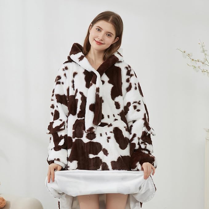 Softan Blanket Hoodie, Oversized Fleece Wearable Blankets for Women and Men Gifts, Cozy Warm and Soft Sweatshirt Blanket with Large Pocket, Brown Cow Print