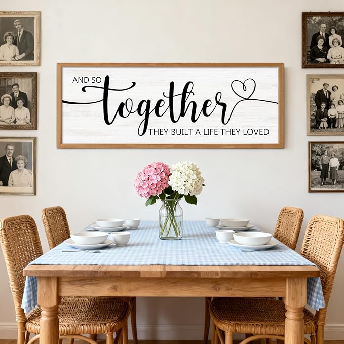 And So Together They Built A Life They Loved Decorative Rustic Sign & Plaque Framed Wall Art for Couples, 40''×15''Wooden Long Wall Decor Above Bed, Vintage Horizontal Farmhouse Wedding Gift