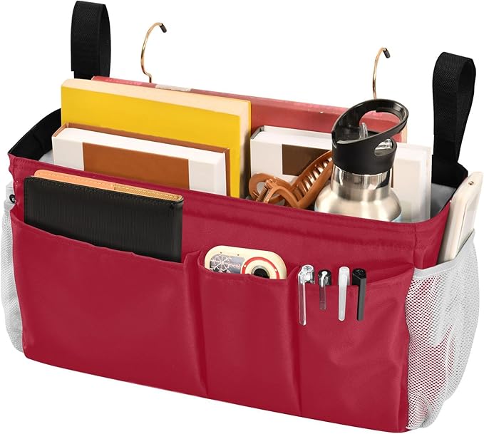 YETTASBIN Red Bedside Caddy Hanging Storage Organizer Bag with 2 Straps & Hooks for Bunk Beds, College Dorm, Hospital Bed - Holder for Books, Phone, Magazine, Glasses, Keys