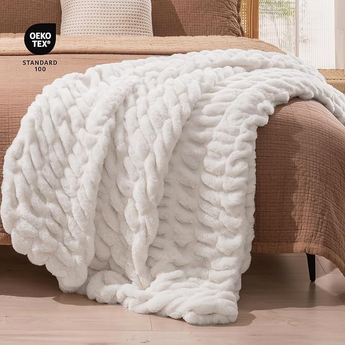 EVERGRACE Luxurious Soft Faux Rabbit Fur Throw Blanket, Cozy Fuzzy Plush Warm Throws for Couch Bed Sofa Chair Home Decor, Ruched Bubble Fluffy Blanket with Reversible Velvet, 60" x 80", Ivory White