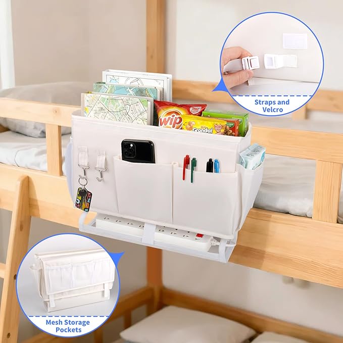 Bedside Caddy for Dorm Bed Bedside Organizer, Bedside Storage with 10 Pockets and Power Strip Holder, Multifunctional Bedside Pocket for Home, College, Dorm, Bunk/Hospital/Crib Bed (Beige)
