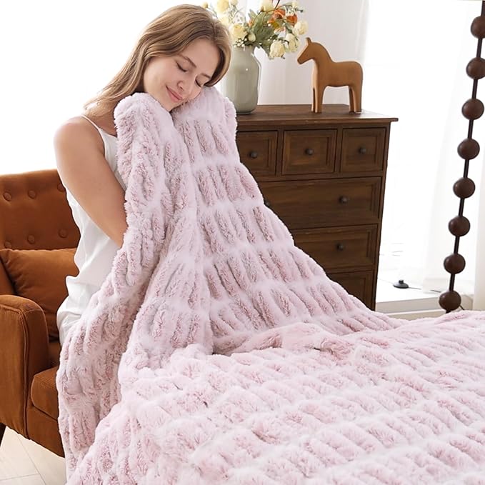 Warm Fuzzy Faux Fur Blanket, Elastic Striped Fleece Throw Blanket for Couch Sofa Bed Living Room, Light Pink Double-Sided Furry Blanket and Throws - 50"x 60"