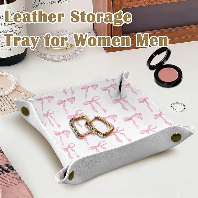 Coquette Pink Bow,Graduation Gifts,Graduation Gifts for Her,Jewelry Valet Tray for Women PU Leather Catchall Beside Caddy Nightstand Organizer Tray for Jewelry Rings Watches Keys,7.87x7.87