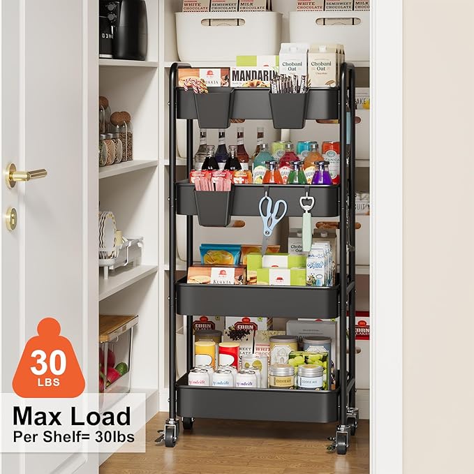 2 Tier Small Rolling Metal Cart with Wheels, Black Under Desk Storage Cart on Wheels, Short Utility Roller Carts Organizer for Pantry, Bathroom,Kitchen,Office, Two Tiered Mobile Storage Shelf Trolley