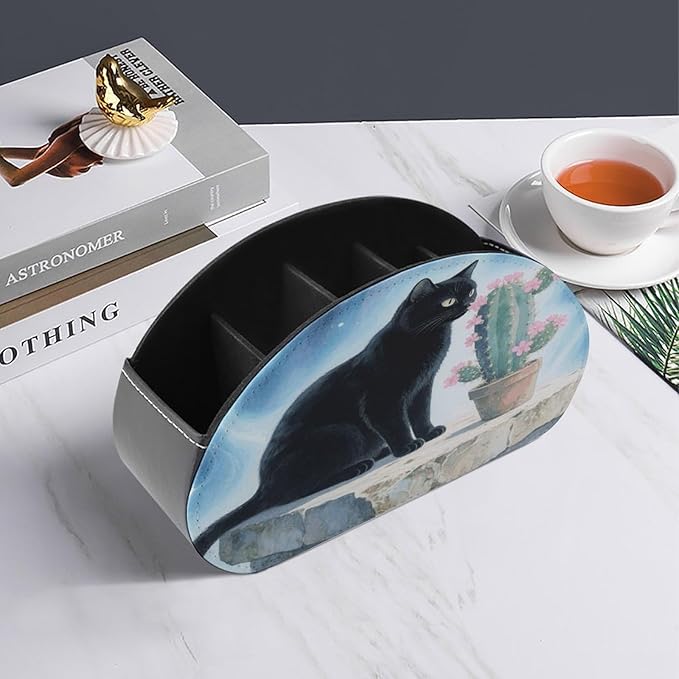 Black Cat Cactus Remote Control Holder Organizer Box with 5 Compartment PU Leather Bedside Storage Caddy Remote Organizer for Controller Media Player Pen/Pencil Storage