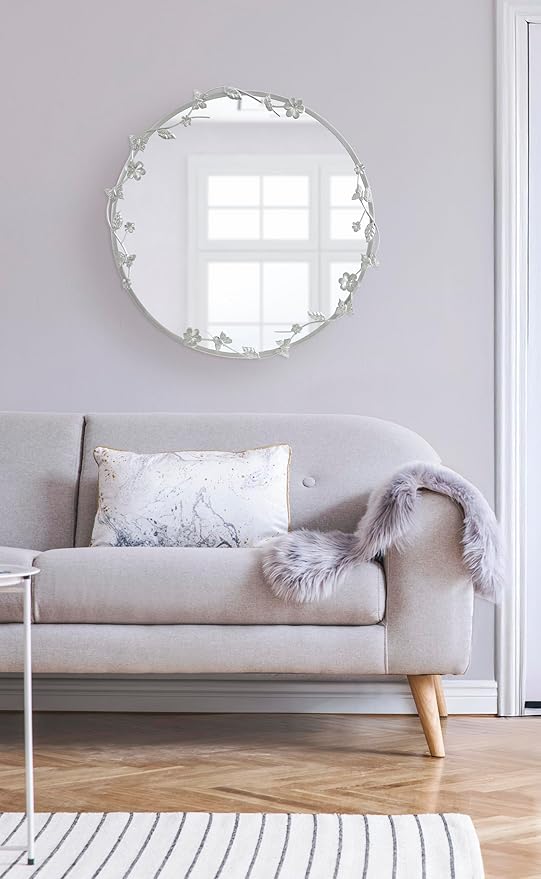Kate and Laurel Rosella Modern Ornate Round Wall Mirror, 26 Inch Diameter, Silver, Circle Mirror with Floral Detailing for Use as Bathroom Mirror for Over Sink or Cute Kids Room Decor