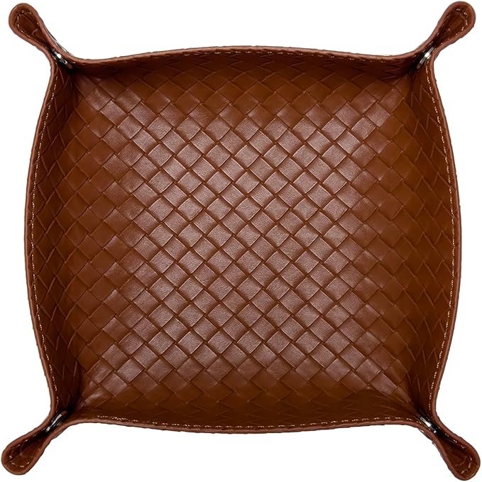 UnionBasic Small Valet Tray, Jewelry Tray for Rings Watches Earrings, Entryway Catchall Caddy for Coins Keys Change, Nightstand Bedside Valet Holder, Trays for Electronic Gadgets, Woven Leather Brown