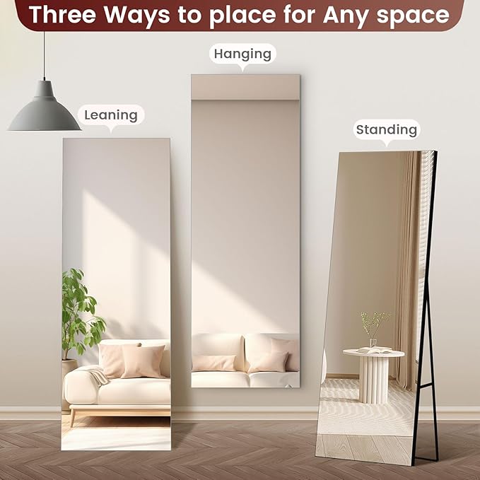 Kosmonia 58x18 Frameless Full Length Silver Coating Mirror w/Distortion Free, HD Reflection &Anti Desilvering, Tempered Glass & Shatter Proof Film Doubling Safety, Easy Setup w/Stand, Wall/Standing