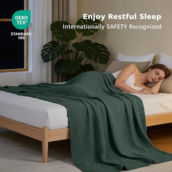 EMME Cotton Muslin Queen Blanket Bed Layering Bedspread Coverlet Breathable Gauze Soft Lightweight Blankets (Heather Forest Green, 90"x90")