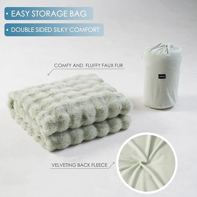 Super Comfort Oversized Warm Thick Bubble Luxury Plush Rabbit Faux Fur Throw Blanket, Fluffy Blanket,Soft Cozy Blanket for Couch Chair Bed Sofa Living Room (Sage Green, 60inX80in)