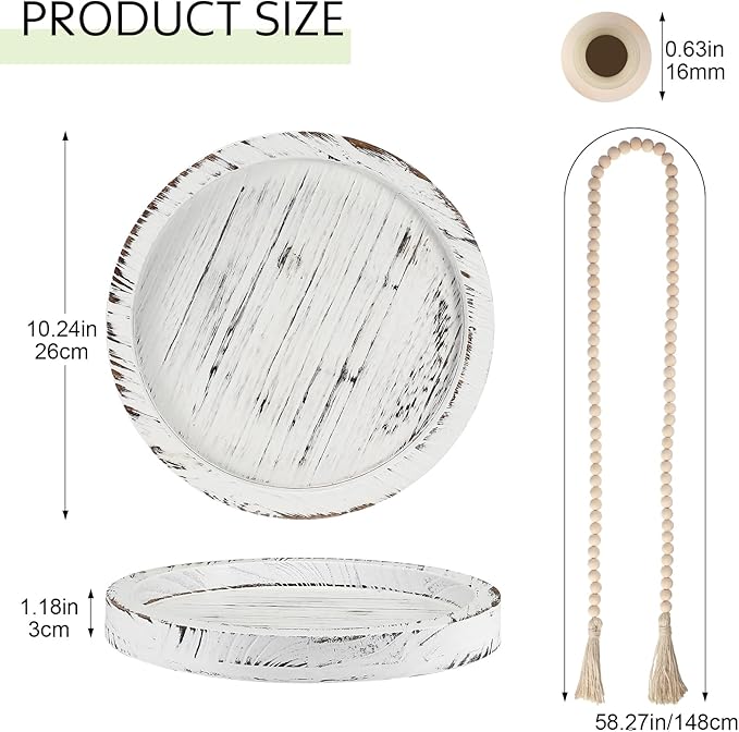 5 Pcs Rustic Country Tabletop Centerpieces Decor Set of 3 Boho Ceramic Vases with Wooden Serving Tray Wood Bead Garland Tassels Table Holder for Home Decorations(White)