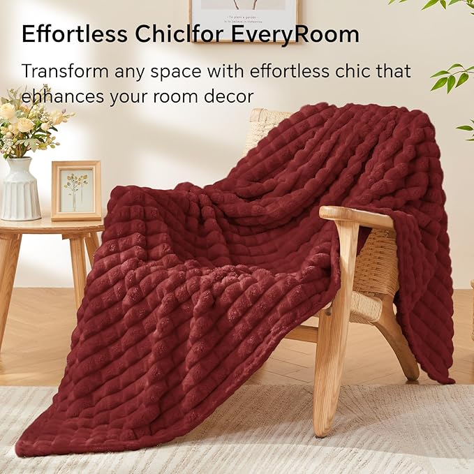 BEDELITE Burgundy Throw Blanket for Couch and Bed- Super Soft and Warm 3D Checkered Fluffy Fuzzy Fleece Blanket, Luxurious Plush Cozy Blanket for Room Decor Spring, 50x60 inches