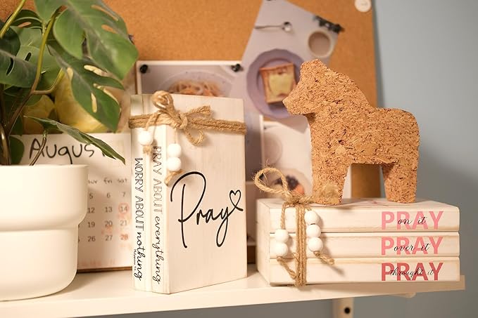 LIVDUCOT Pink Wood Book Stack Pray Christian Home Decor for Women - Wooden Block Sign Table Decoration - Inspiration Prayer Office Decor Religious Gift