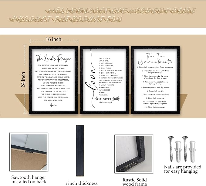 comurdyo Christian Bible Verse Wall Art 24"×16" Set of 3 Positive Religious Minimalist Quotes Sign for Rustic God Jesus Christ Prayer Inspirational Catholic Scripture Decor Wood Framed Hanging (Black)